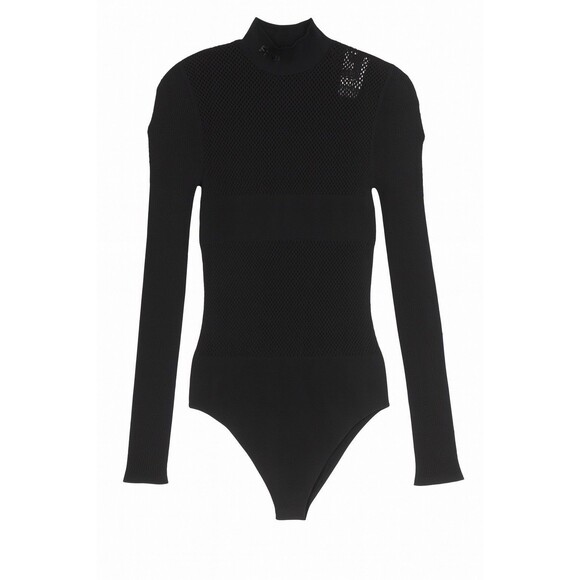 Fendi Black Mesh Mock Neck Logo Bodysuit Women’s Medium Tech Knit Italy FF - Picture 1 of 16